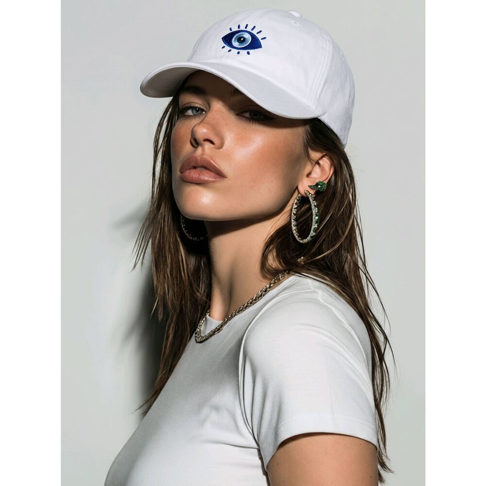 🔹️NWT David & Young White w/Blue Embroidered Evil Eye Hat One Size